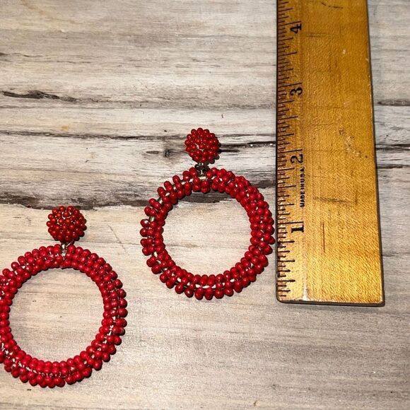 Orange Beaded Hoop Earrings Gold Tone Boho Bohemian Flair - Picture 4 of 6